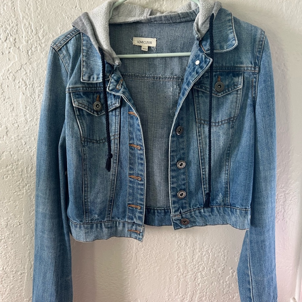 Love Culture Blue Denim Jacket with Gray Hood